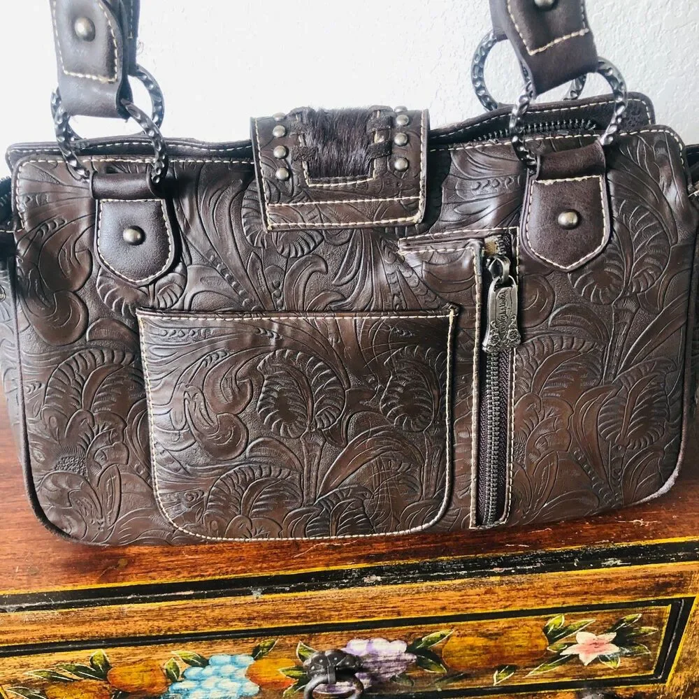 Montana West Trinity Ranch Hair on Cowhide Tooled Leather Concealed Carry Bag